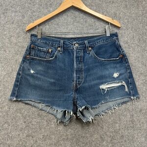 Levis 501 Denim Shorts Women 30 W Button Fly Blue High Rise Cutoff Distressed
